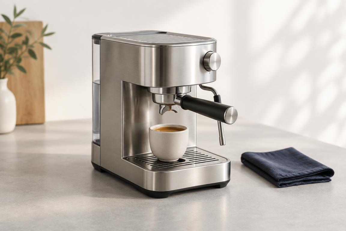 Illustrative espresso machine and a freshly made cup of coffee
